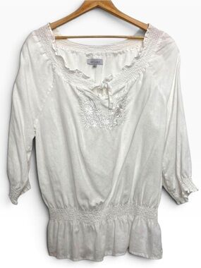 AUGUST Silk Options blouse 100% linen embroidered smock waist 3/4 sleeves Large